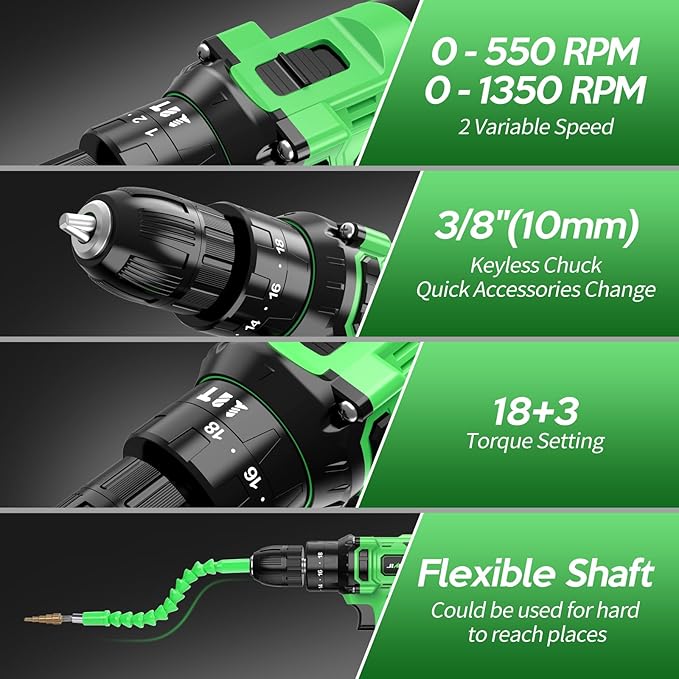 Power Drill Cordless, 20V Cordless Drill, Electric Power Drill Set with 1 Battery & Charger, 3/8” Keyless Chuck, 2 Variable Speed, 18+3 Torque and 72pcs Drill/Driver Bits, Green