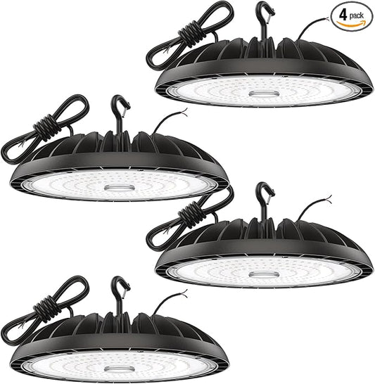 250W LED High Bay Lights - 4 Pack UFO High Bay Lights 37500 LM, 5000K Daylight, 0-10V Dimmable, IP65 Waterproof, Durable High Bay Shop Lights for Garage, Warehouse, Pole Barn, ETL Listed
