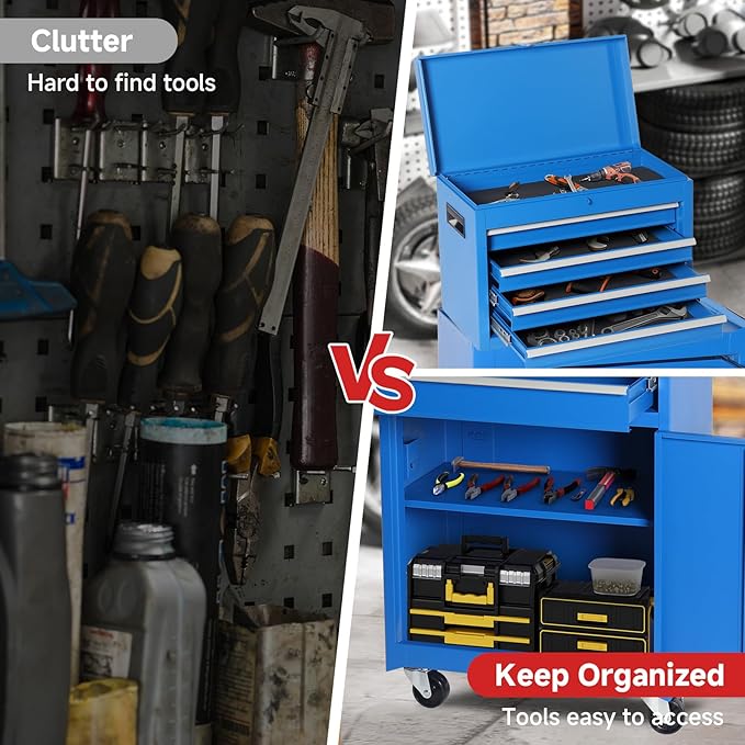 Rovibek Rolling Tool Chest, 5-Drawer Rolling Tool Box on Wheels, Metal Tool Chest with Foam Packaging, Lockable Wheels, Detachable Top Tool Box, Tool Storage Box for Garage Workshop Warehouse, Blue