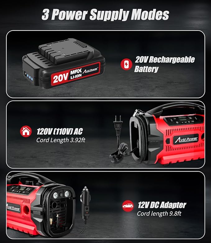 Avid Power Tire Inflator Portable Air compressor, 3 Power Source (110V AC,12V DC, 20V Battery), Car Air Pump w/Inflation & Deflation Modes, Triple Power Tire Inflator w/Dual Powerful Motors