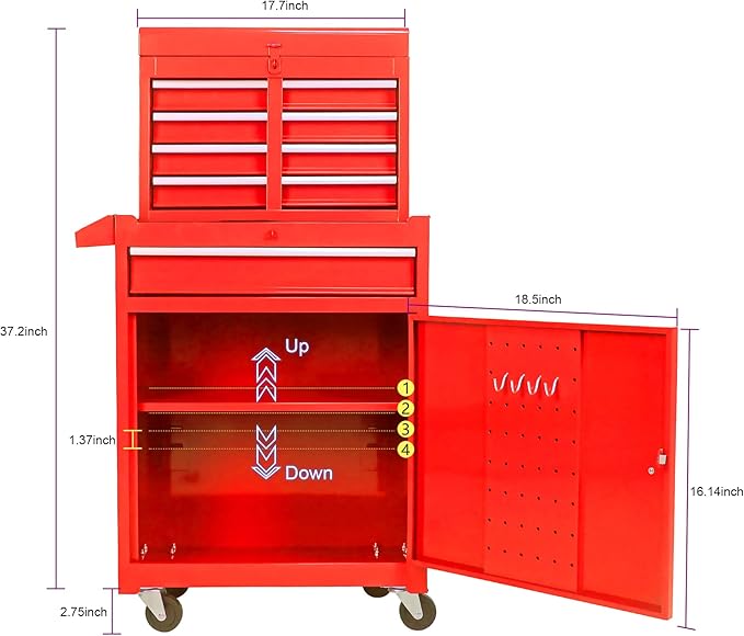 Rolling Tool Chest Metal Tool Box with Wheels Tool Cabinet Portable Tool Box with Wheels Detachable 5 Drawers Tool Chest with Bottom Cabinet and One Adjustable Shelf, Red