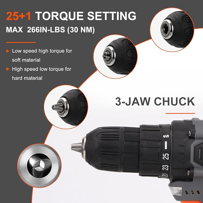 COMOWARE Cordless Drill Set, 20V Electric Power Drill Set,1 Battery & Charger, 3/8" Keyless Chuck, 2 Variable Speed, 266 In-lb Torque, 25+1 Position, Orange