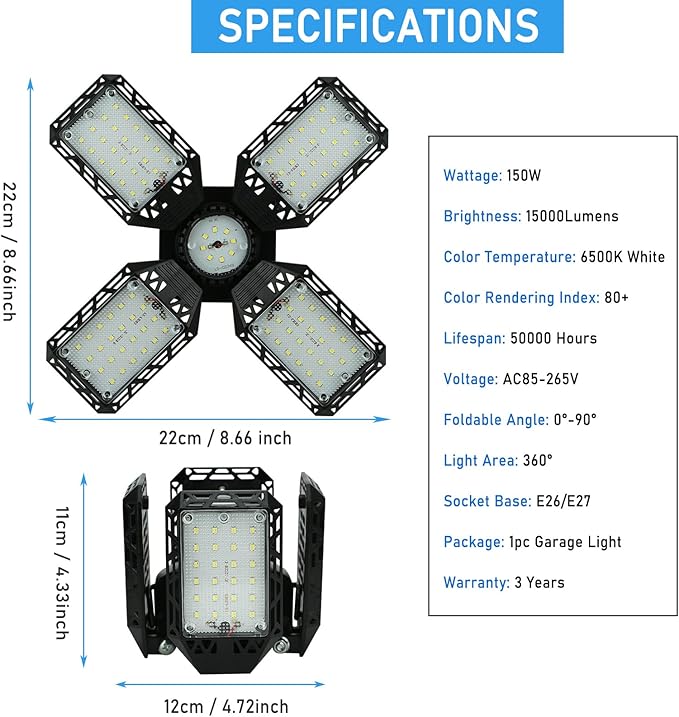 2-Pack LED Garage Light,150W Garage Lights Deformable LED Garage Ceiling Lights,15000LM Garage Lighting with 4 Adjustable Panels, E26/E27 LED Shop Lights for Garage, Basement, Workshop