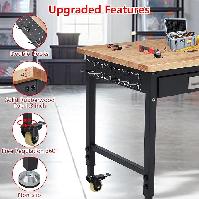 Workbench 48" x 24" Adjustable Height Worktable - Heavy Duty Rubber Wood Top with Drawer Storage, 2000 Lbs Capacity, Mobile Tool Storage Workstation with Power Outlets & Lockable Wheels