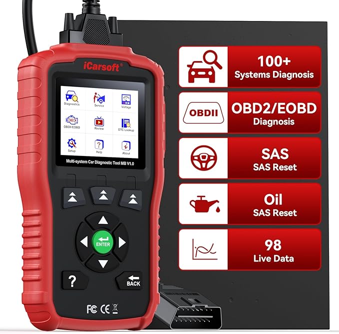 iCarsoft OBD2 Scanner MB V1.0 for Mercedes Benz/Sprinter/Smart, All System Diagnostic Tool Oil/SAS Reset Battery Test 10 OBD2/EOBD Modes CAN Car Scan Code Reader/DTC Lookup/Live Data/Freeze Frame