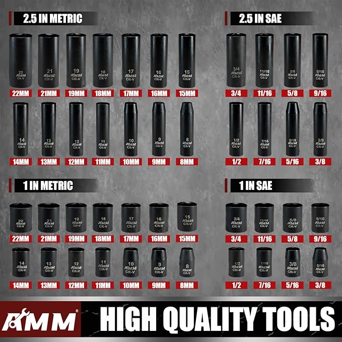 AMM 3/8" Drive Impact Socket Set, 48-Piece Standard SAE (5/16 to 3/4 inch) and Metric (8-22mm) Size, 3" and 6" Drive Extension Bar, Impact Universal Joint, 3/8" to 1/2" Impact Adaptor, CR-V