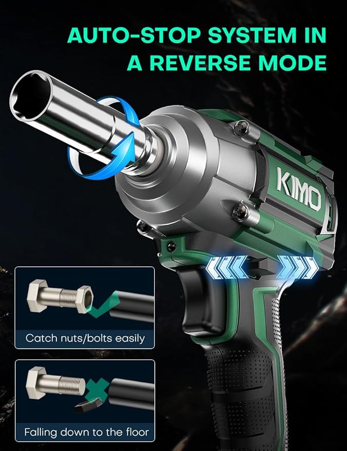 KIMO Cordless Impact Wrench, 550N.m/406ft-lbs, 7Sockets,3Inch Extension Bar, High Torque Impact Brushless Wrench with 3/8" Chuck, 3000 RPM, 3000mAh Li-ion Battery, Charger, Power Impact Wrench for Car
