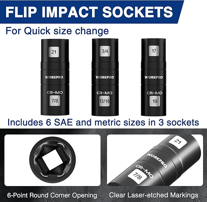 WORKPRO 4PCS Impact Socket Set 1/2" Drive, Lug Nut Socket Set, Wheel Socket Set Cr-Mo Steel, Includes 1PC 3" Extension Bar & 3PSC Flip Sockets of 6 Metric and SAE Sizes