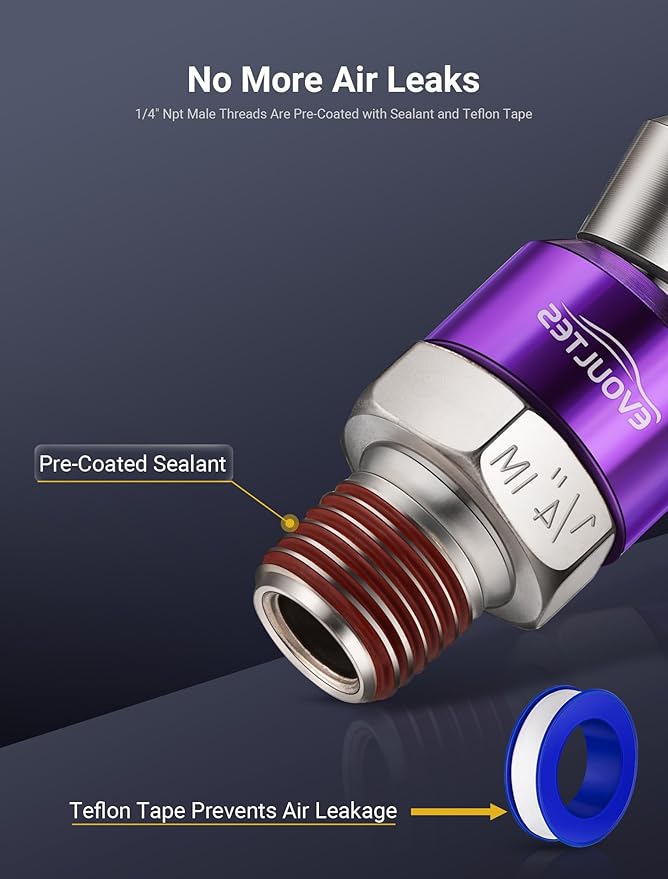 2-Pack 1/4 Inch NPT Air Fittings, 360° Swivel Male Quick Plug Air Hose Fittings w/Sealant, Industrial Air Tool Swivel Air Hose Connector for Air Compressor Accessories