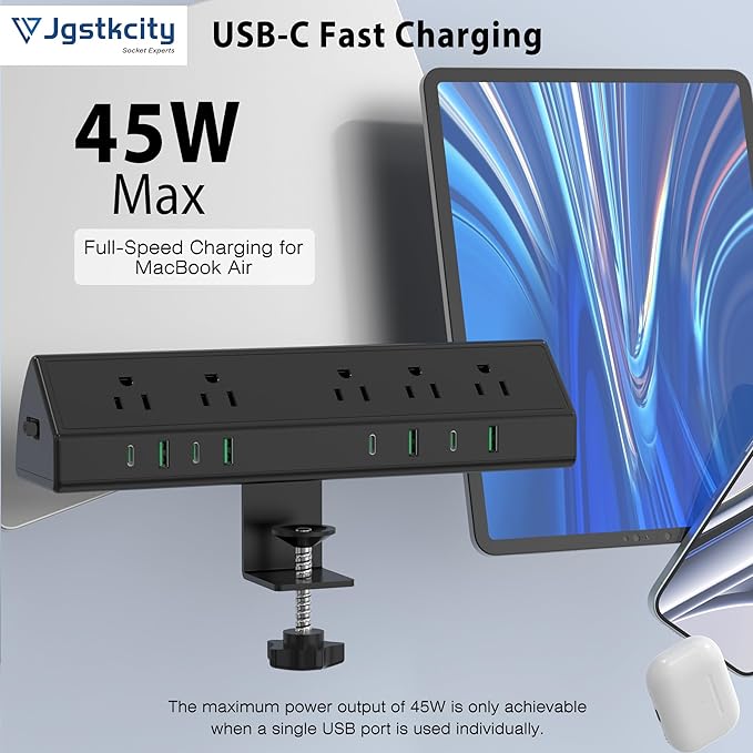 45W Fast Charging Station,Desk Clamp Power Strip,4 PD USB-C Ports,5 AC Outlets,Surge Protector Power Strip, 14AWG Heavy Duty Cord, Fits 1.9" Tabletop Edge (Black, 6 FT Cable)