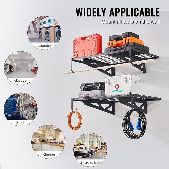 VEVOR Garage Shelving Wall Mounted, 2 x 3 ft Heavy Duty Garage Wall Shelves, 500 lbs Load Capacity Garage Storage Rack Floating Shelves, 2 Pack, Suitable for Shop, Shed, Garage Storage