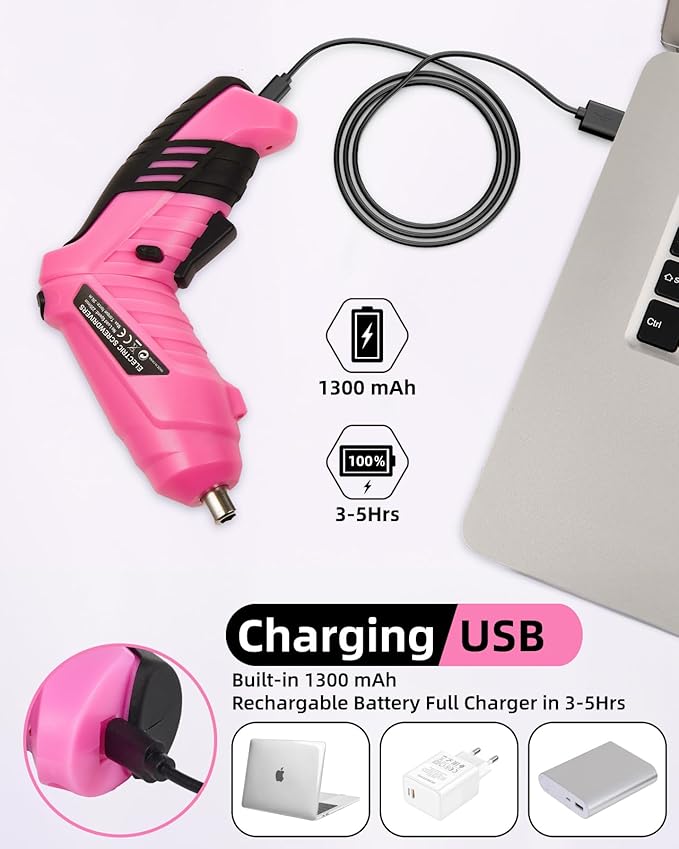 Pink Cordless Electric Screwdriver Set, 4.1V Rechargeable Small Electric Drill with 48pcs Driver Bit Set, Power 3Nm Screw Gun with 2 Position Handle, Flexible Shaft LED Light for Women