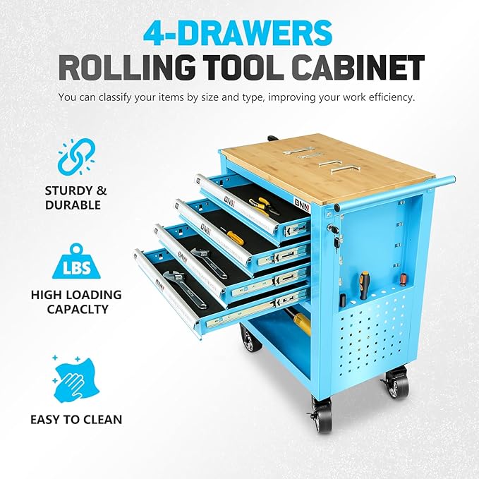 DNA MOTORING 30" W X 37" H X 18" D Large Capacity 4-Drawer Chest Rolling Tool Cart Locking Swivel Cabinet with Keys, Blue, TOOLS-00484
