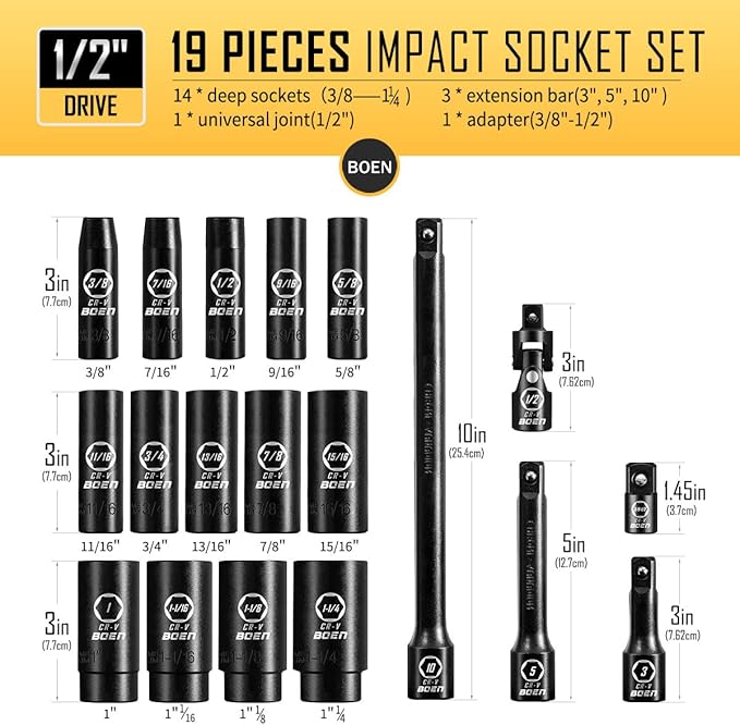 BOEN 19-Piece 1/2" Drive Deep Impact SAE Socket Set, 3/8"-1-1/4", Cr-V Steel, Extensions, Joint, Adapter - Meets ANSI