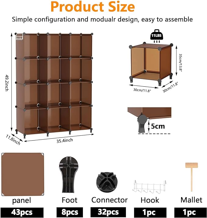 AWTATOS Cube Storage Organizer, Storage Cubes Shelves Bookshelf, 12 Cube Closet Organizers and Storage, DIY Stackable Plastic Clothes Organizer Shelving for Bedroom, Home, Cocoa Brown