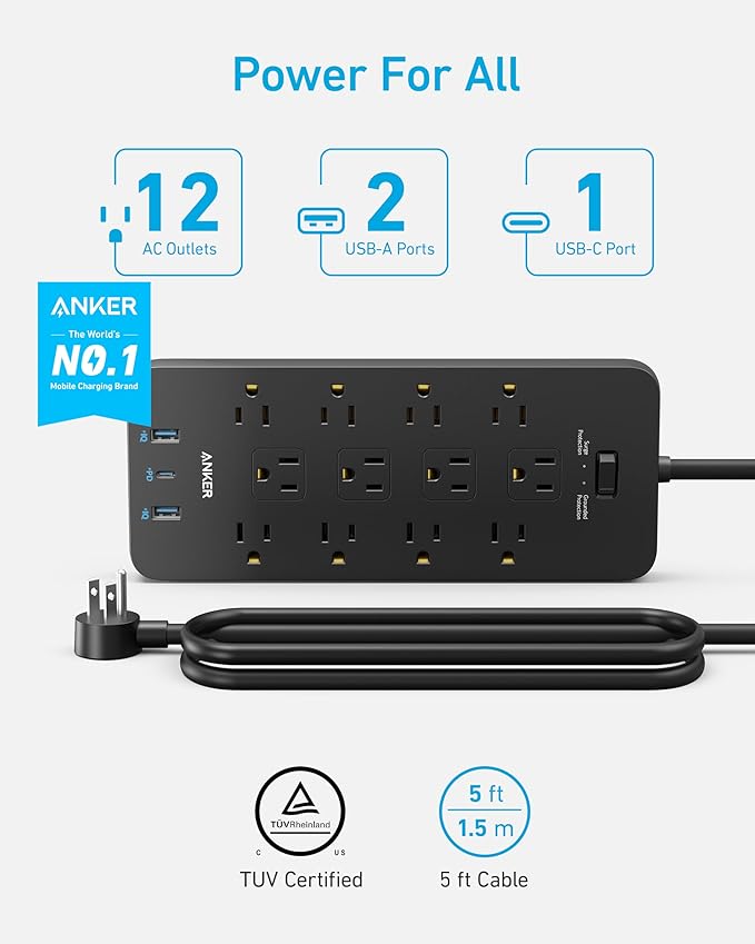 Anker (Pack of 2) Surge Protector Power Strip (2100J), 12 Outlets with 1 USB C and 2 USB Ports for iPhone 15/15 Plus/15 Pro/15 Pro Max, 5feet Extension Cord, Flat Plug, 20W for Home,Office,TUV Listed