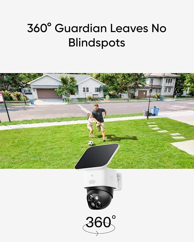 eufy Security SoloCam S340, Solar Security Camera, Wireless Outdoor Camera, 360 Degree Pan & Tilt Surveillance, No Blind Spots, 2.4 GHz Wi-Fi, No Monthly Fee, HomeBase S380 Compatible (Renewed)