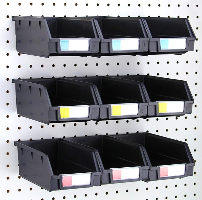 Pegboard Bins – 9 Pack Black Extra Large - Hooks to Any Peg Board - Organize Hardware, Accessories, Attachments, Workbench, Garage Storage, Craft Room, Tool Shed, Hobby Supplies, Parts