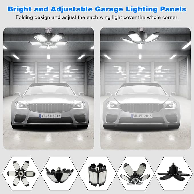LED Garage Light - 160W LED Garage Ceiling Light 16000LM 6500K Super Bright Garage Lighting with 6 Deformable Panels Screw in Shop Light for Basement Workshop Warehouse Attic