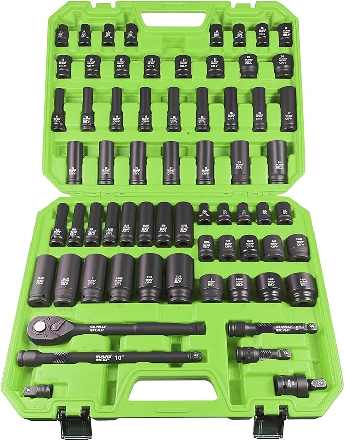 SUNHZMCKP 1/2" Drive Impact Socket Set, 66 Piece Standard SAE (3/8"-1-1/4") & Metric (8-24mm), 6 Point Shallow/Deep Socket Kit with Ratchet Handle, Drive Extension Bar, Impact Universal Joint, Cr-V
