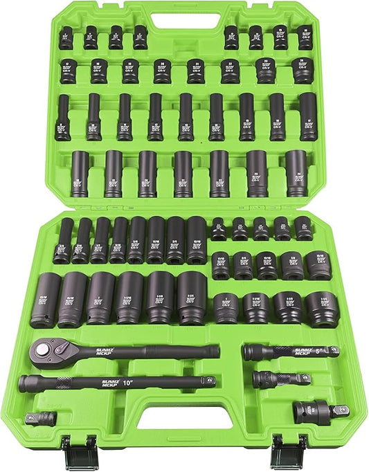 SUNHZMCKP 1/2" Drive Impact Socket Set, 66 Piece Standard SAE (3/8"-1-1/4") & Metric (8-24mm), 6 Point Shallow/Deep Socket Kit with Ratchet Handle, Drive Extension Bar, Impact Universal Joint, Cr-V