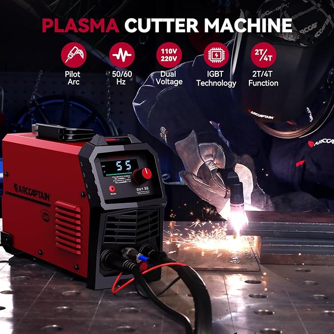 ARCCAPTAIN 55A Plasma Cutter, Large LED Display, Non-Touch Pilot ARC Plasma Cutting Machine, 110/220V Dual Voltage IGBT Inverter, 1/2" Clean Cut, Post Flow, 2T/4T, for Beginners DIY
