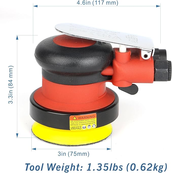 3 inch Mini Palm Air Sander, 3/32 Orbit, MAX12,000 RPM, Random Orbital Pneumatic Polisher with 12 sandpapers and 1 extra hook-loop backing pad (3inch)