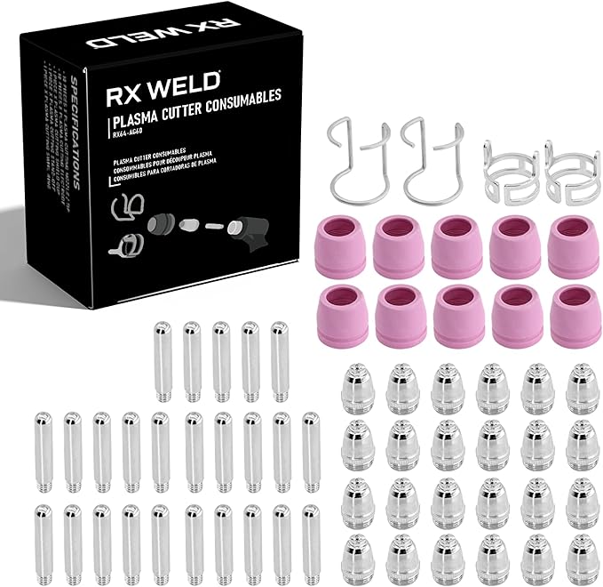RX WELD 64Pcs Plasma Cutter Torch Consumables Electrode Nozzles Cups Kit Galvanized Copper Ceramic AG-60 Consumables