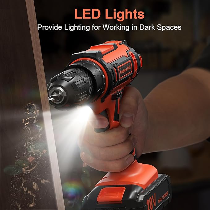 Cordless Drill Set, 20V Power Drill with Battery 2.0Ah and Charger, 3/8-Inch Keyless Chuck Electric Drill, 25+1 Position, 42pcs Drill Driver Bits/Screws for DIY Projects (Orange)