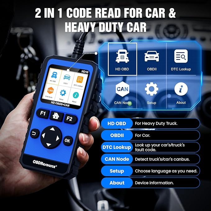 OBDResource Full Systems Heavy Duty Truck Scanner Tool HDOBD/EOBD/OBD2 Automotive Scanner Diagnostic Tool for Truck & Car 2 in 1 Code Reader for Most 12V 24V Diesel Vehicles