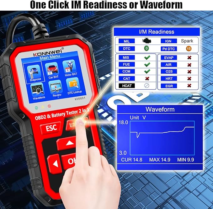 KONNWEI KW681 OBD2 Scanner 6V 12V Car Battery Tester, 2 in 1 Car Diagnostic Scanner Automotive Battery Alternator Load Tester Check Engine Code Reader Scan Tool
