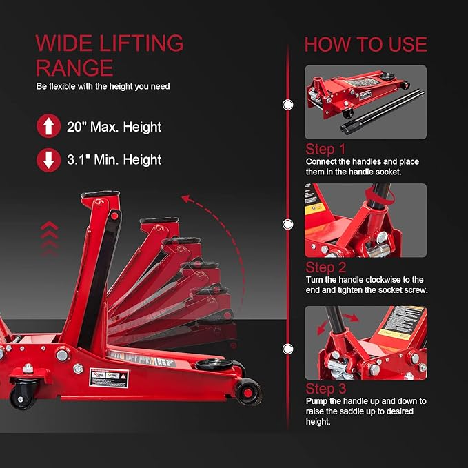 BIG RED ATZ830026XR Torin Hydraulic Ultra Low Profile Heavy Duty Steel Service/Floor Jack with Dual Piston Quick Lift Pump, 3 Ton (6,000 lb) Capacity, Red