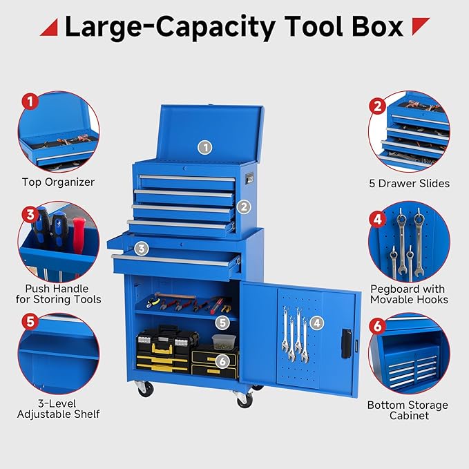 Rovibek Rolling Tool Chest, 5-Drawer Rolling Tool Box on Wheels, Metal Tool Chest with Foam Packaging, Lockable Wheels, Detachable Top Tool Box, Tool Storage Box for Garage Workshop Warehouse, Blue