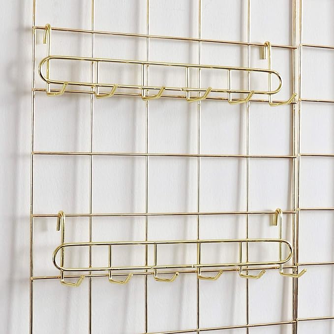 FRIADE Gold Grid Hooks Rack for Wall Grid Panel,Hanging Hooks for Wall Grid Storage and Display，Size 10.7”x 2.8”x1.8 ”，2 Pack