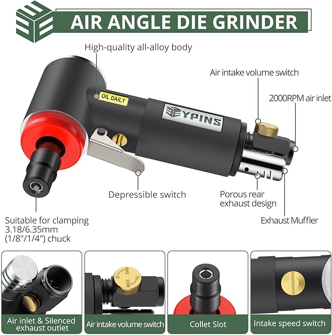 EYPINS Air Angle Grinder,Air ‎Right Angle Die Grinder 1/4" 90 Degree Heavy Duty 20000 RPM Pneumatic Sander Polisher Tool for Contour Grinding, Polishing, Milling