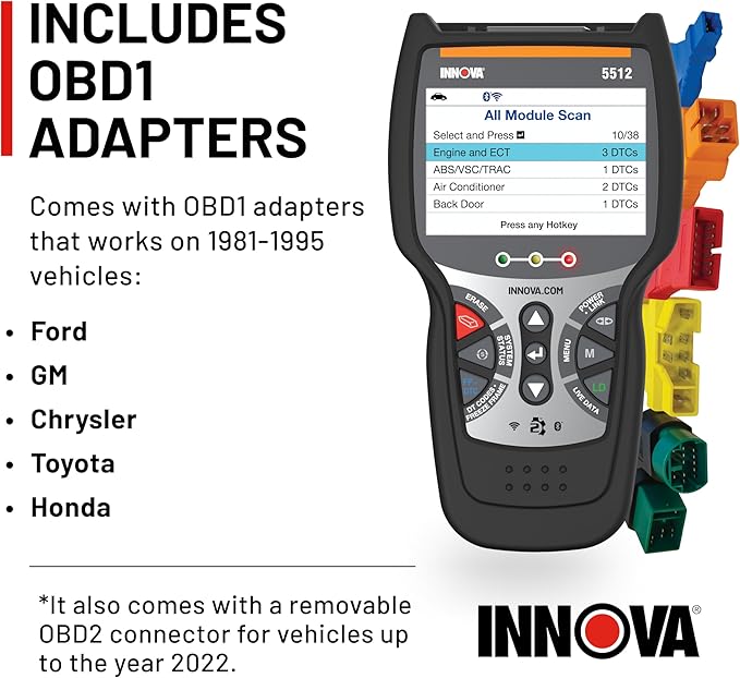 Innova 5512 OBD2 Scanner, ABS Brake Bleeding, Transmission Temp, TPMS, OBD1 Adapters Included, Repair App