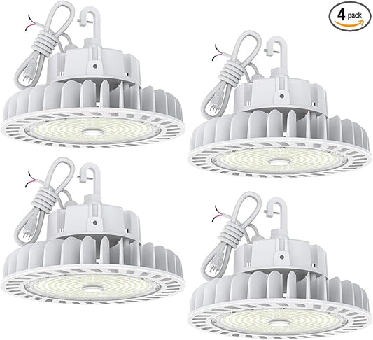 HYPERLITE 150W 4Pack High Bay Led Lights 150W 21,000LM(140lm/w) 5000K CRI>80 1-10V Dimmable UL Listed Hanging Hook Safe 5' Cable with 110V Plug UFO High Bay Light for Shopping Mall Warehouse