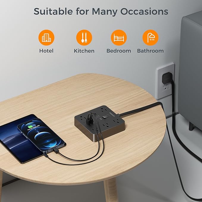Flat Plug Extension Cord 15 Ft, TESSAN Surge Protector Power Strip with 6 Outlets and 3 USB (1 USB C) Ports, 1700J Protection, Desktop Black Long Power Cord for Indoor Home Office School Dorm Room