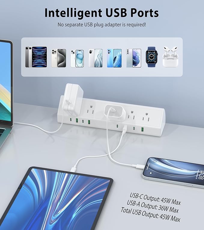 45W Fast Charging Station,Desk Clamp Power Strip,4 PD USB-C Ports,5 AC Outlets,Surge Protector Power Strip, 14AWG Heavy Duty Cord, Fits 1.9" Tabletop Edge (White, 6 FT Cable)