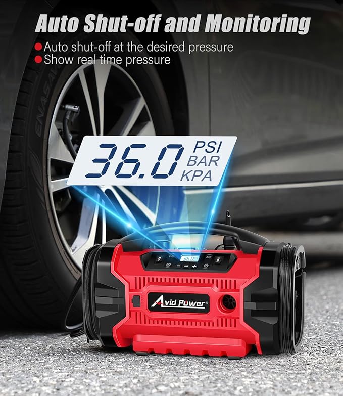 Avid Power Tire Inflator Portable Air compressor, 3 Power Source (110V AC,12V DC, 20V Battery), Car Air Pump w/Inflation & Deflation Modes, Triple Power Tire Inflator w/Dual Powerful Motors
