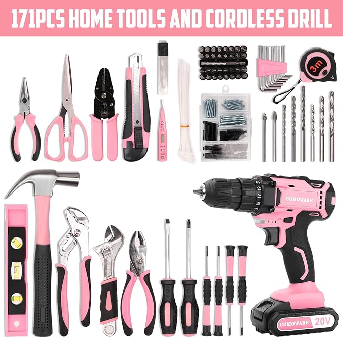 COMOWARE 171Pcs Home Tool Kit with Drill, Pink Drill Set for Women, Lady's Home Repairing Tool Kit with 20V Power Drill, with a Large-Capacity Tool Storage Bag
