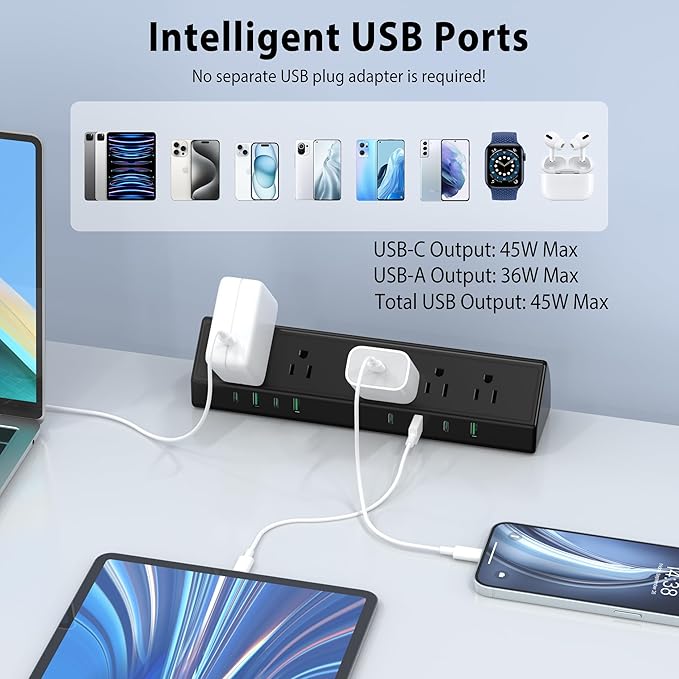 45W Fast Charging Station,Desk Clamp Power Strip,4 PD USB-C Ports,5 AC Outlets,Surge Protector Power Strip, 14AWG Heavy Duty Cord, Fits 1.9" Tabletop Edge (Black, 6 FT Cable)