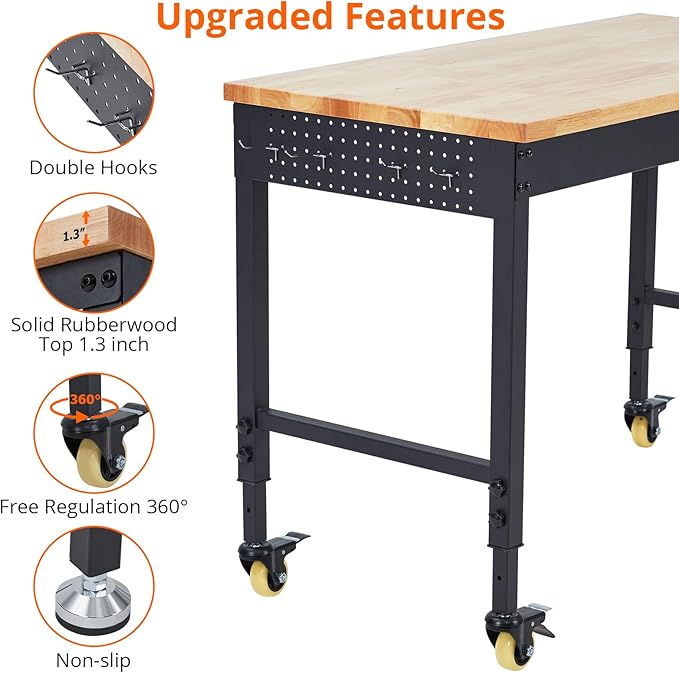 Workbench for Garage, 48" Adjustable Workbench, Heavy Duty Workstation 2000 LBS Load Capacity, Rubber Wood Top Workstation with 4 Rolling Casters, Power Outlets, Workbench for Workshop, Office