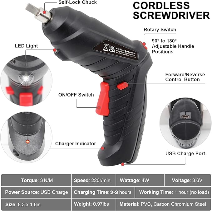 Cordless Electric Screwdriver, 3.6V Rechargeable Power Screwdriver with 47 pcs Accessories, usb charging, 3Nm Screw Gun, mini Carrying screwdriver set with LED Light for Electric Power Drill Set