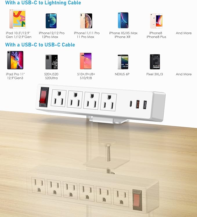 Desk Clamp Power Strip with PD20W USB-C, VILONG 2 in 1 Dual Layer Under Desk Power Strip, Removable Clamp Power Socket with 10AC Outlets & Switch, 10ft Extension Cord