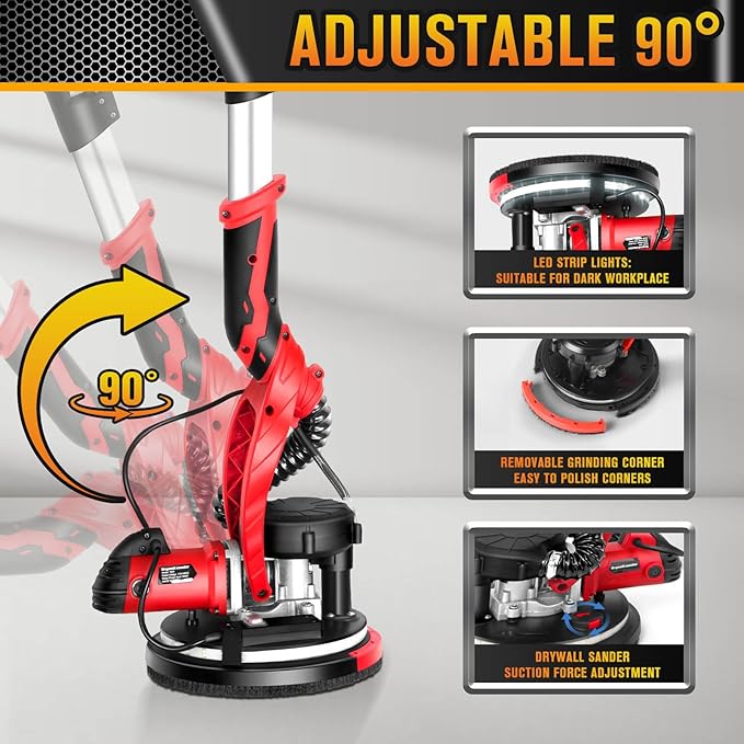 Drywall Sander with 5 Variable Speeds and Double-Deck LED，750W High Power - Ideal for grinding drywall, ceilings, interior walls, exterior walls,loose plaster