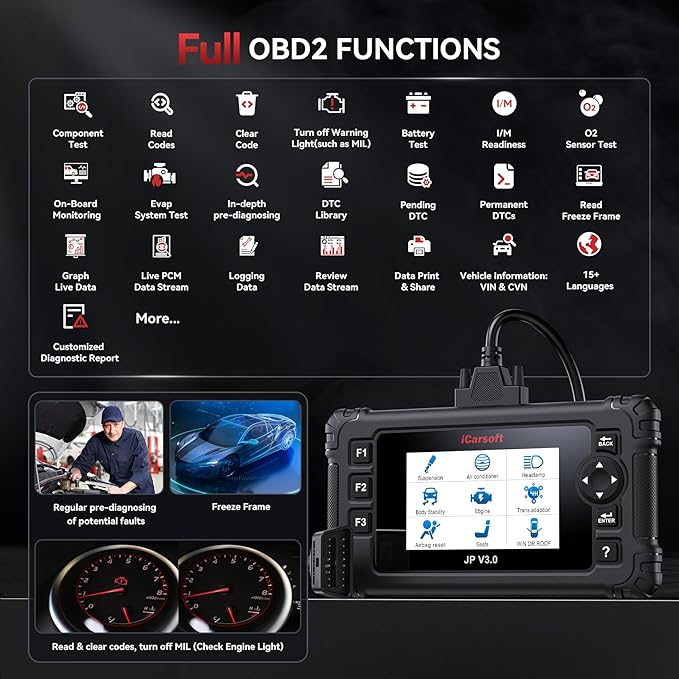 iCarsoft JP V3.0 OBD2 Scanner for Toyota/Honda(Acura) /Lexus/Nissan/Infiniti/Mitsubishi/Mazda/Suzuki/Hyundai, All Reset+Full System Diagnostic Scan Tool Car Code Reader-2025