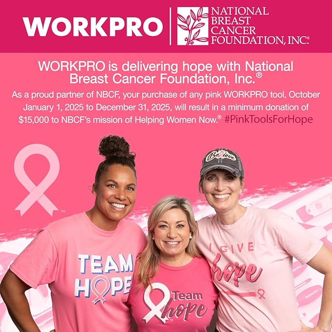 WORKPRO 12V Pink Cordless Drill Driver and Home Tool Kit, Hand Tool Set for DIY, Home Maintenance, 14-inch Storage Bag Included - Pink Ribbon