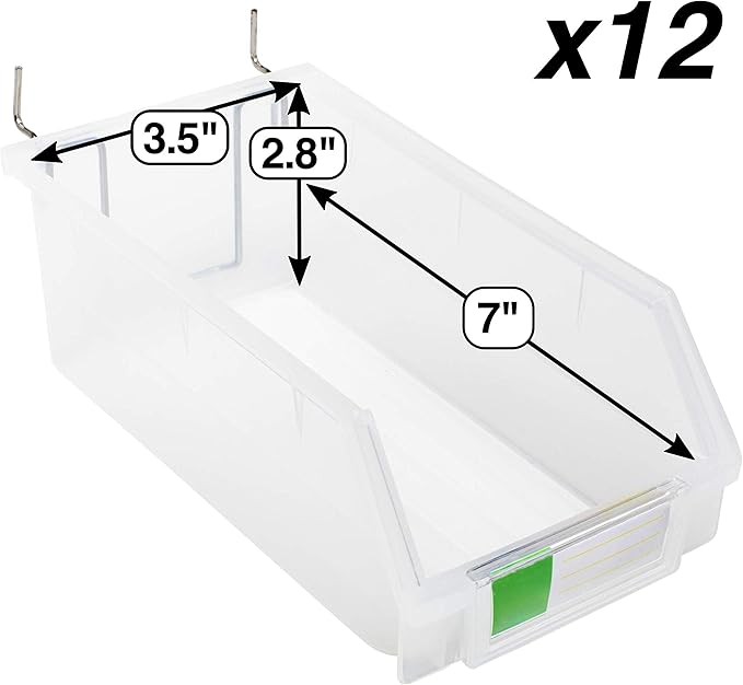 Pegboard Bins – 12 Pack Clear Extra Large - Hooks to Any Peg Board - Organize Hardware, Accessories, Attachments, Workbench, Garage Storage, Craft Room, Tool Shed, Hobby Supplies, Parts