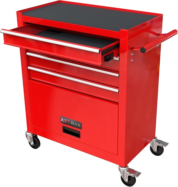 Rolling Tool Chest Metal Tool Box with Wheels Tool Cabinet Portable Tool Box with Wheels 4 Drawers Tool Cabinet with Tool Sets for Garage& storehouse, Bright Red